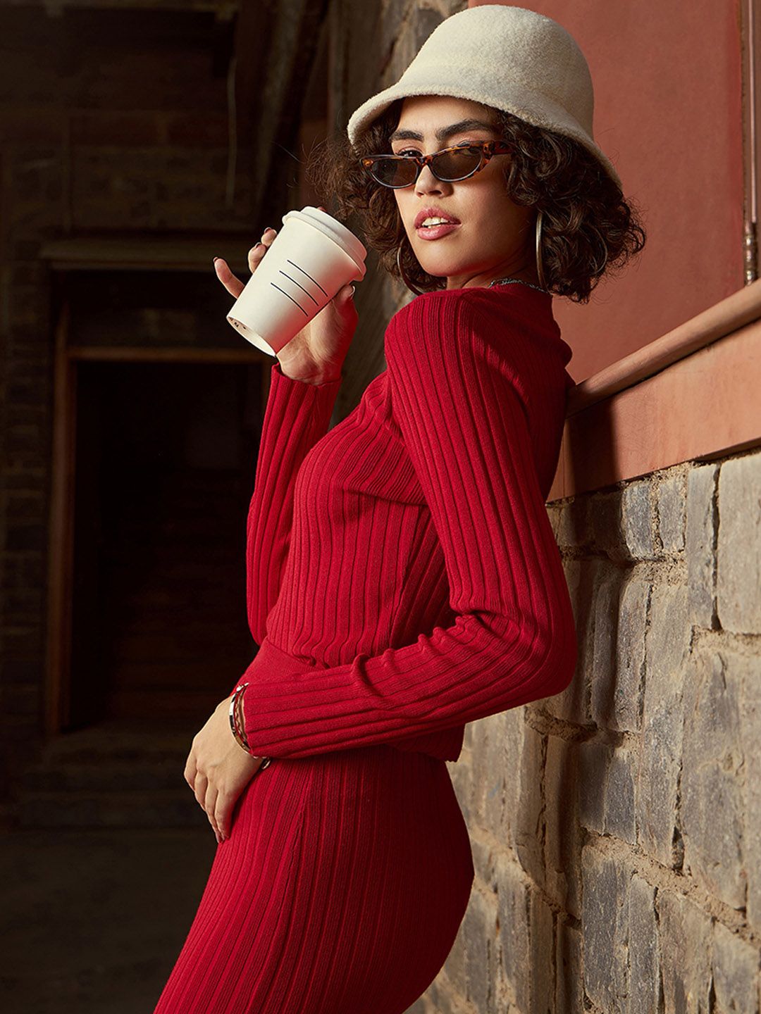 SASSAFRAS Red Ribbed Sweater With Pencil Skirt