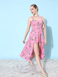 Dressberry Vibrant Pink Floral Print Hollerback Neck it Is A-Line Dress