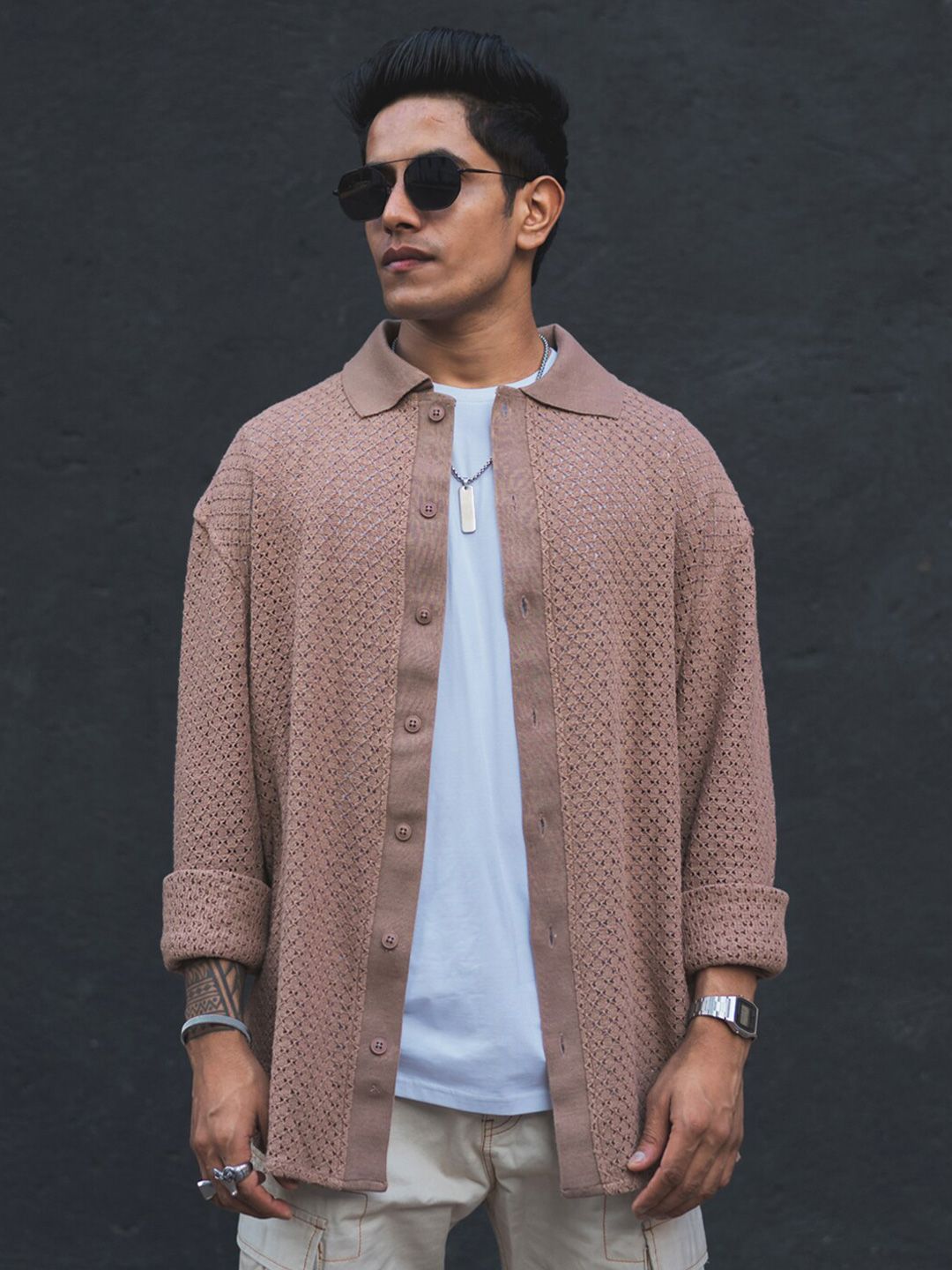 Powerlook Semi Sheer Self Design India Slim Fit Pure Cotton Oversized Crochet Shirt