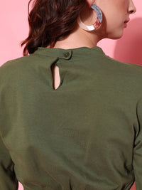 STREET 9 Women Lovely Olive Solid Crop Sweatshirt