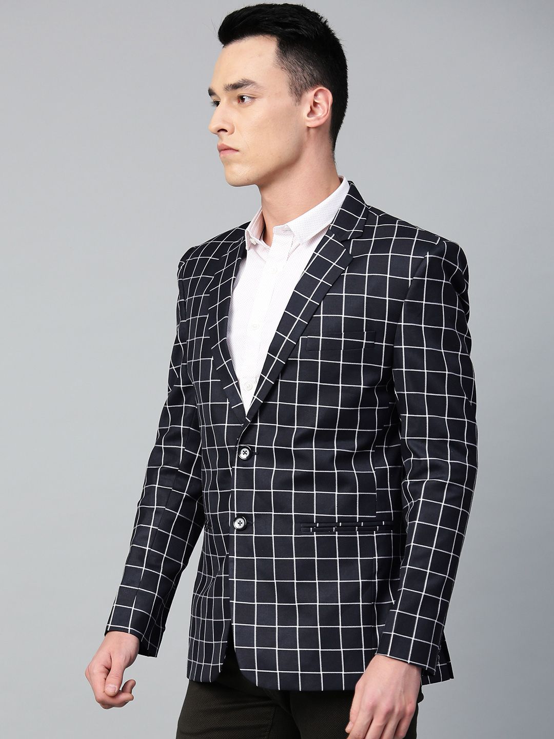 MANQ Men Navy Blue & White Checked Slim Fit Single Breasted Party Blazer