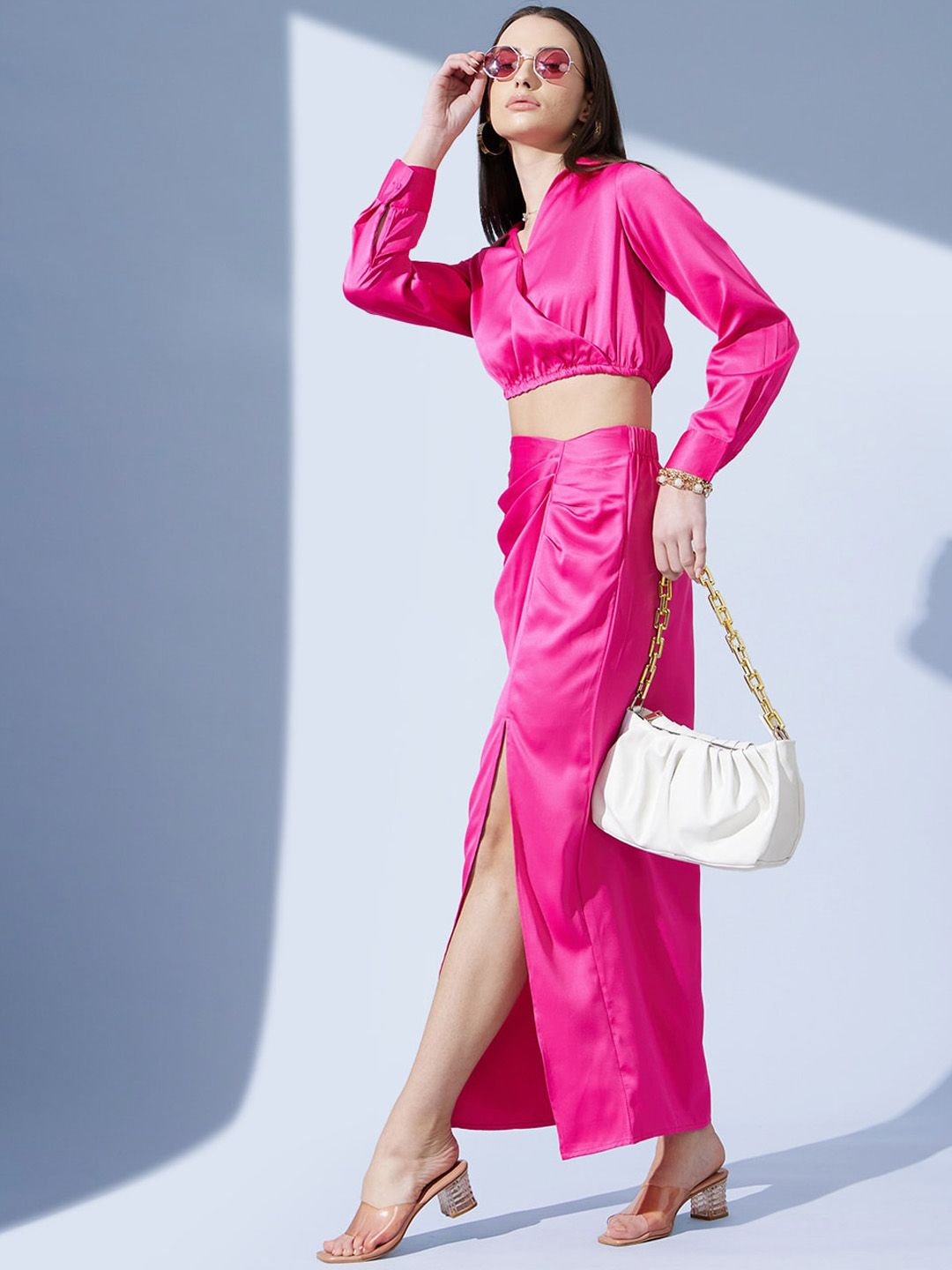 STREET 9 Fuchsia Pleated Satin Pencil Midi Skirt