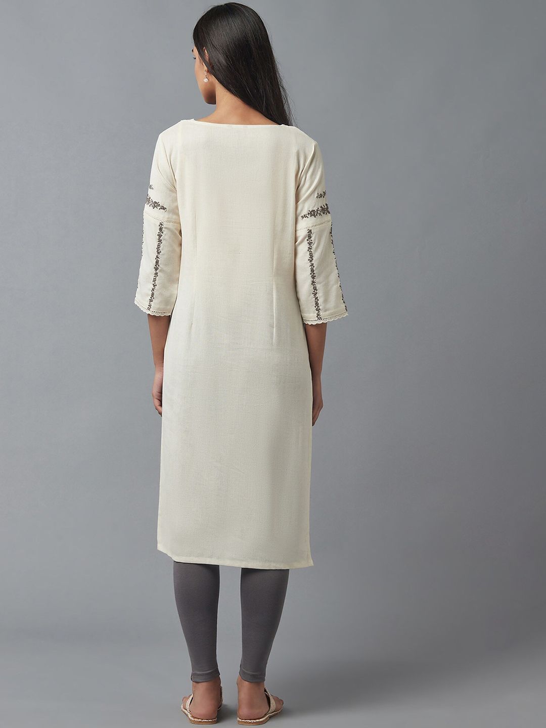 W Women Beige Floral Yoke Design Thread Work Kurta