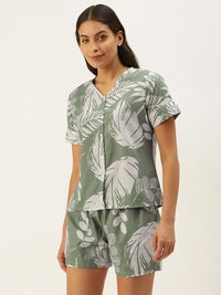 SANSKRUTIHOMES Women Green & White Pure Cotton Printed Shorts Set