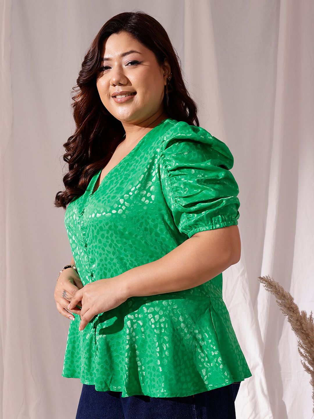 CURVY STREET Plus Size V-Neck Puff Sleeves Jacquard Satin Regular Top