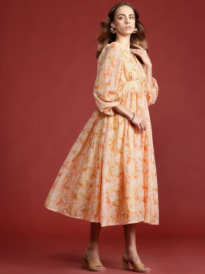 all about you Floral Print Puff Sleeve A-Line Midi Dress