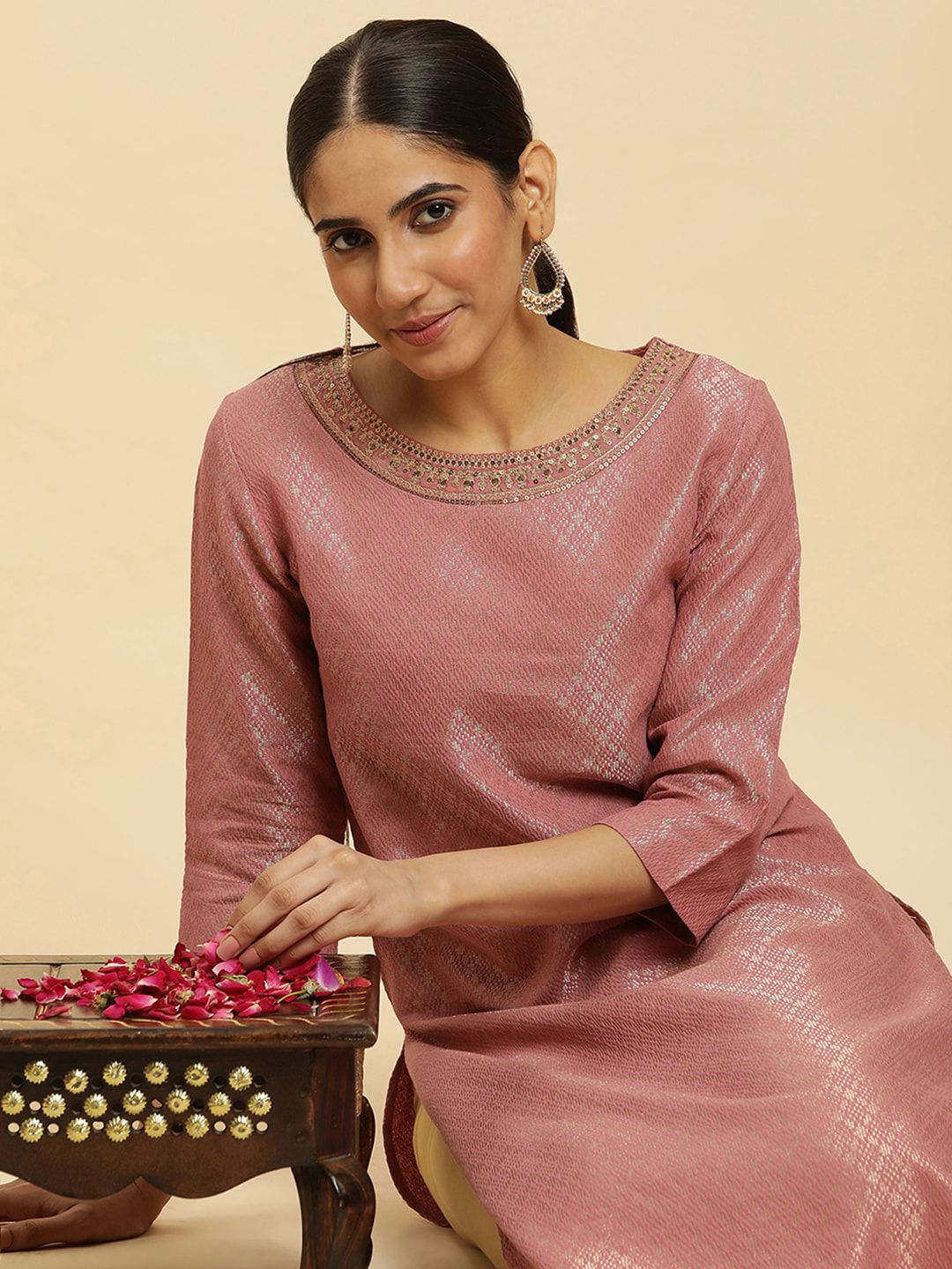 W Pink Woven Design Sequinned Straight Kurta