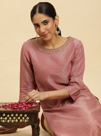 W Pink Woven Design Sequinned Straight Kurta