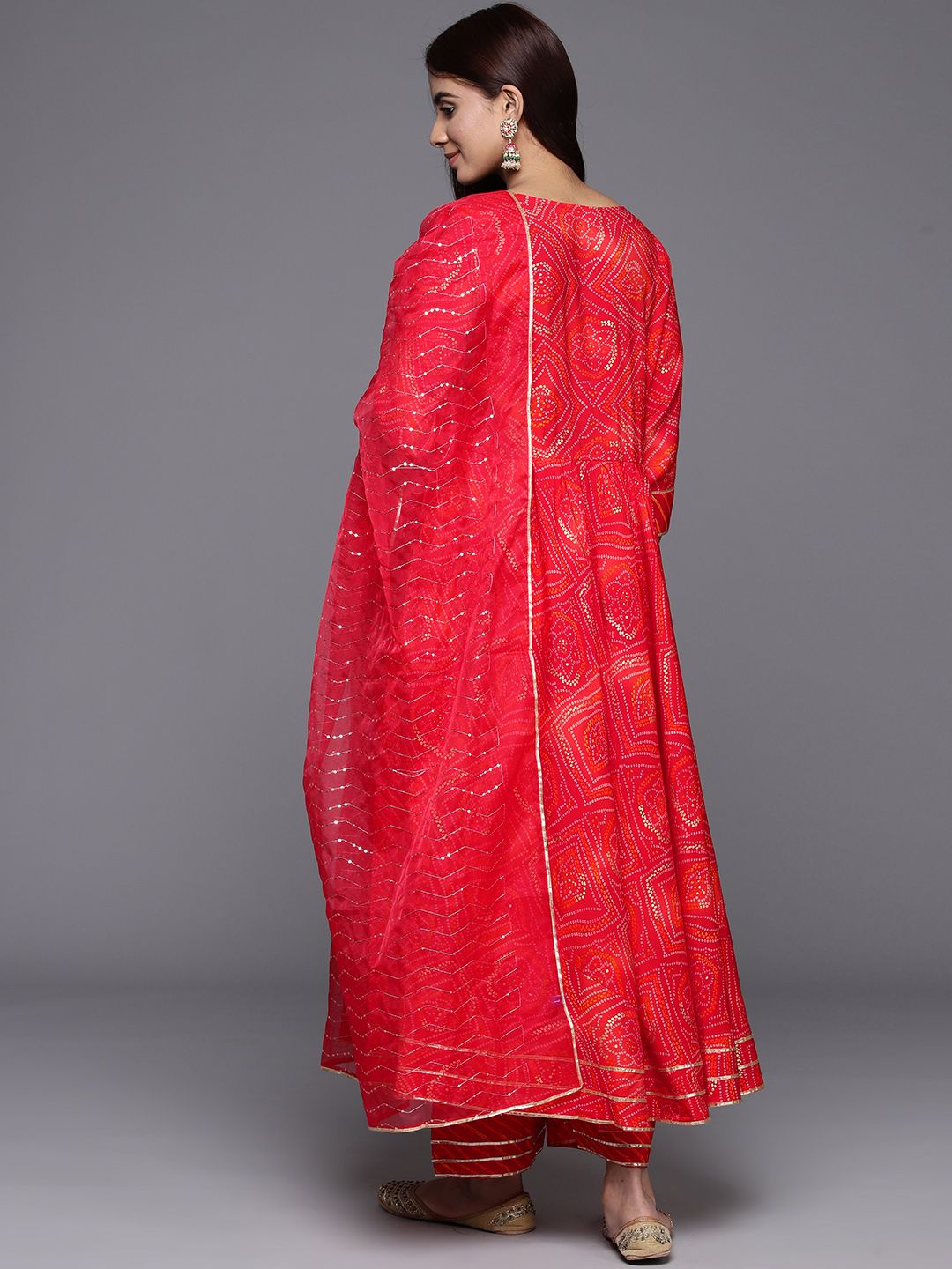 Libas Bandhani Printed Pleated Mirror Work Kurta with Trousers & Dupatta