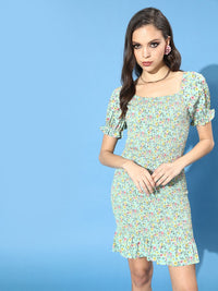 Berrylush Green Floral Crepe Bodycon Mini Dress