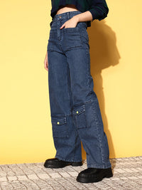 SASSAFRAS Stylish Blue High-Rise Straight Fit Jeans