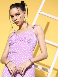 Berrylush Purple & White Printed Crepe Bodycon Mini Dress With Shoulder Tie-Ups