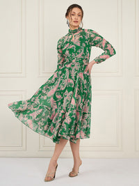Antheaa Floral Printed Chiffon High Neck Fit & Flare Midi Dress