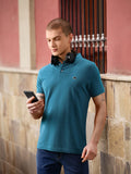 THE BEAR HOUSE Men Teal Blue Polo Collar Slim Fit Cotton Pure Cotton T-shirt