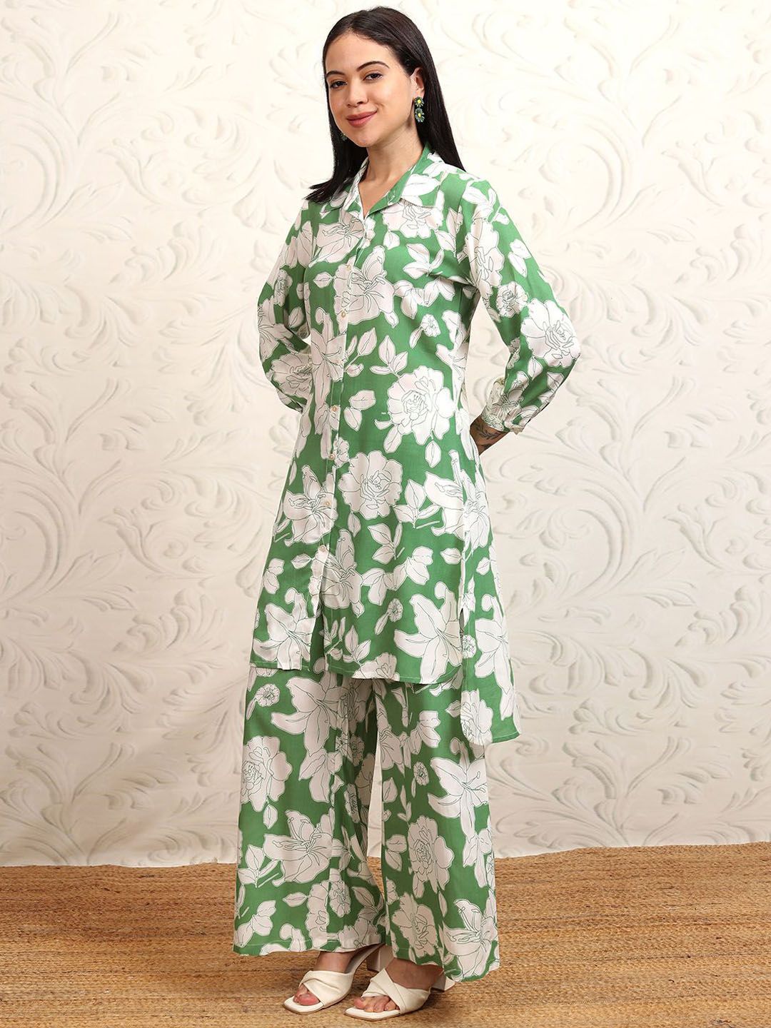 Vishudh Green Floral Printed Pure Cotton Longline Shirt With Palazzos