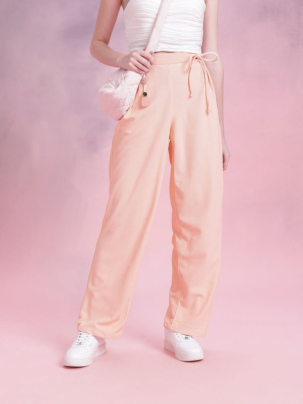 DressBerry Women Regular Fit Textured Tie-Up Waist Trousers