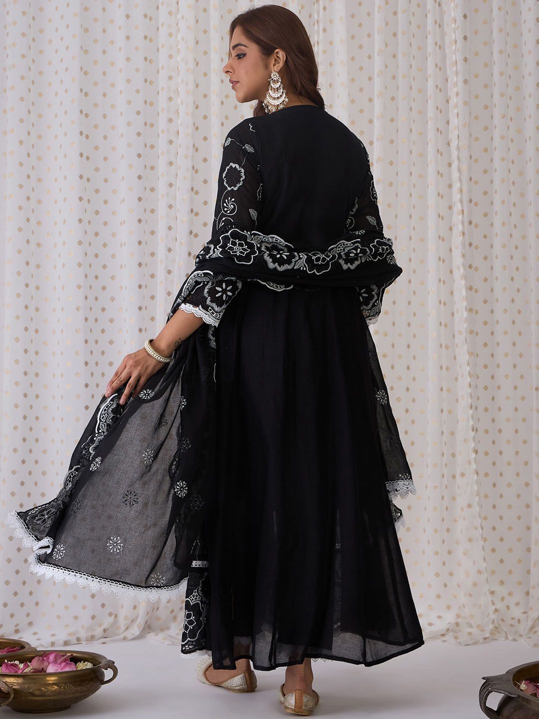 Indo Era Floral Embroidered Panelled Pure Cotton A-Line Kurta With Trouser & Dupatta