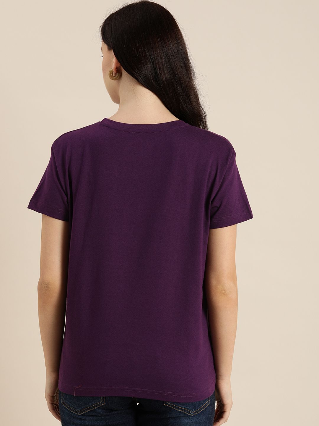 DILLINGER Wanita Ungu Bercetak Leher Bulat Kapas Tulen Berkotak Kemeja-T Kapas Tulen Biasa