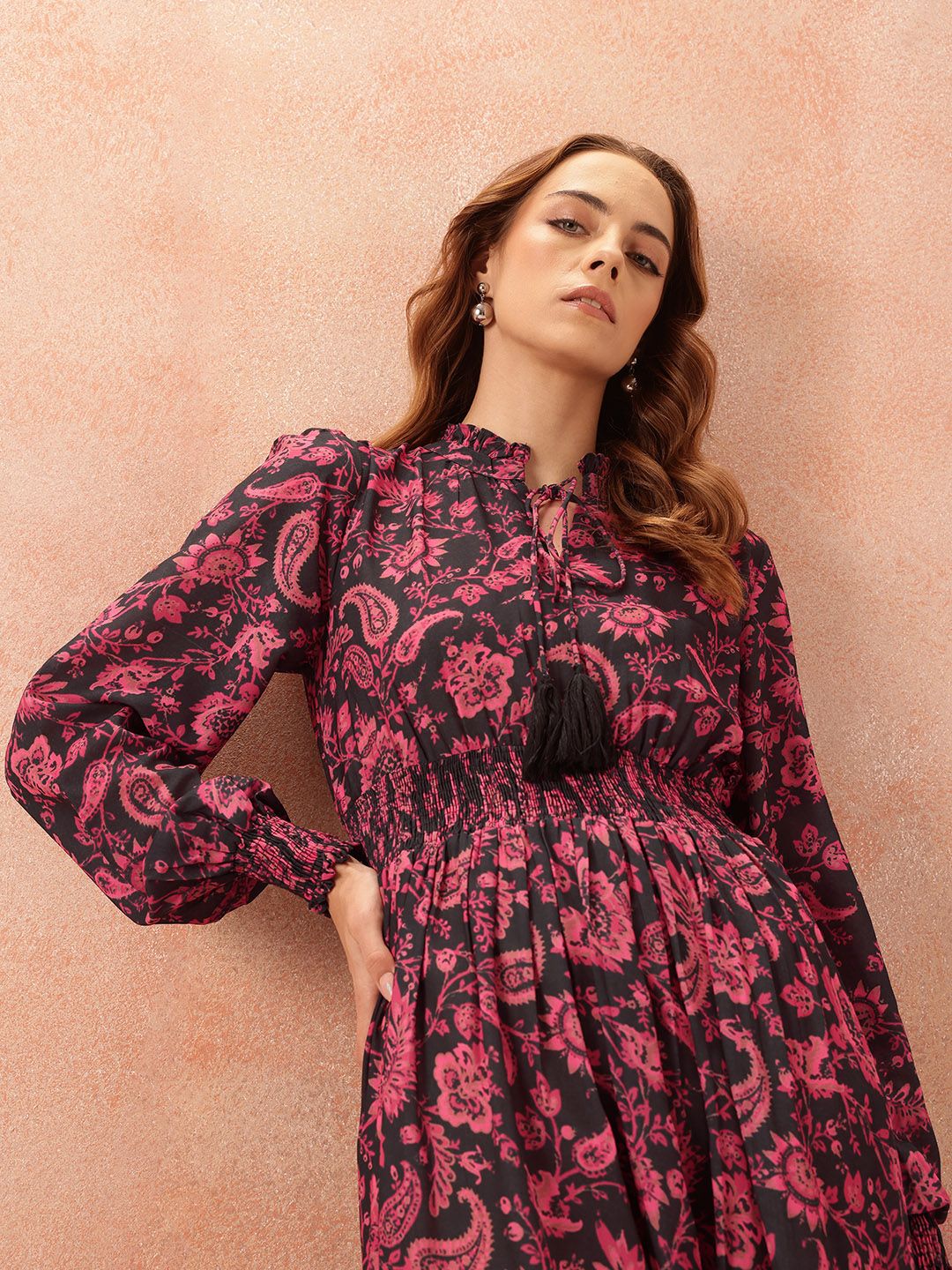 all about you Ethnic Motifs Print Tie-Up Neck Puff Sleeve Fit & Flare Dress