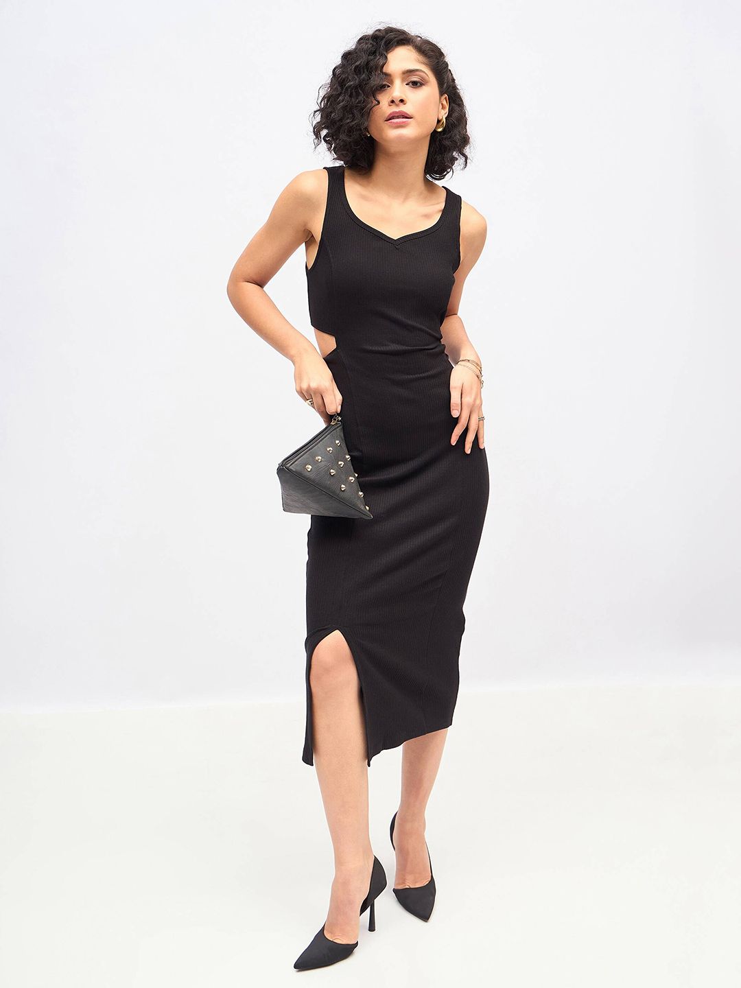 SASSAFRAS Black Cut-Out Midi Sheath Dress