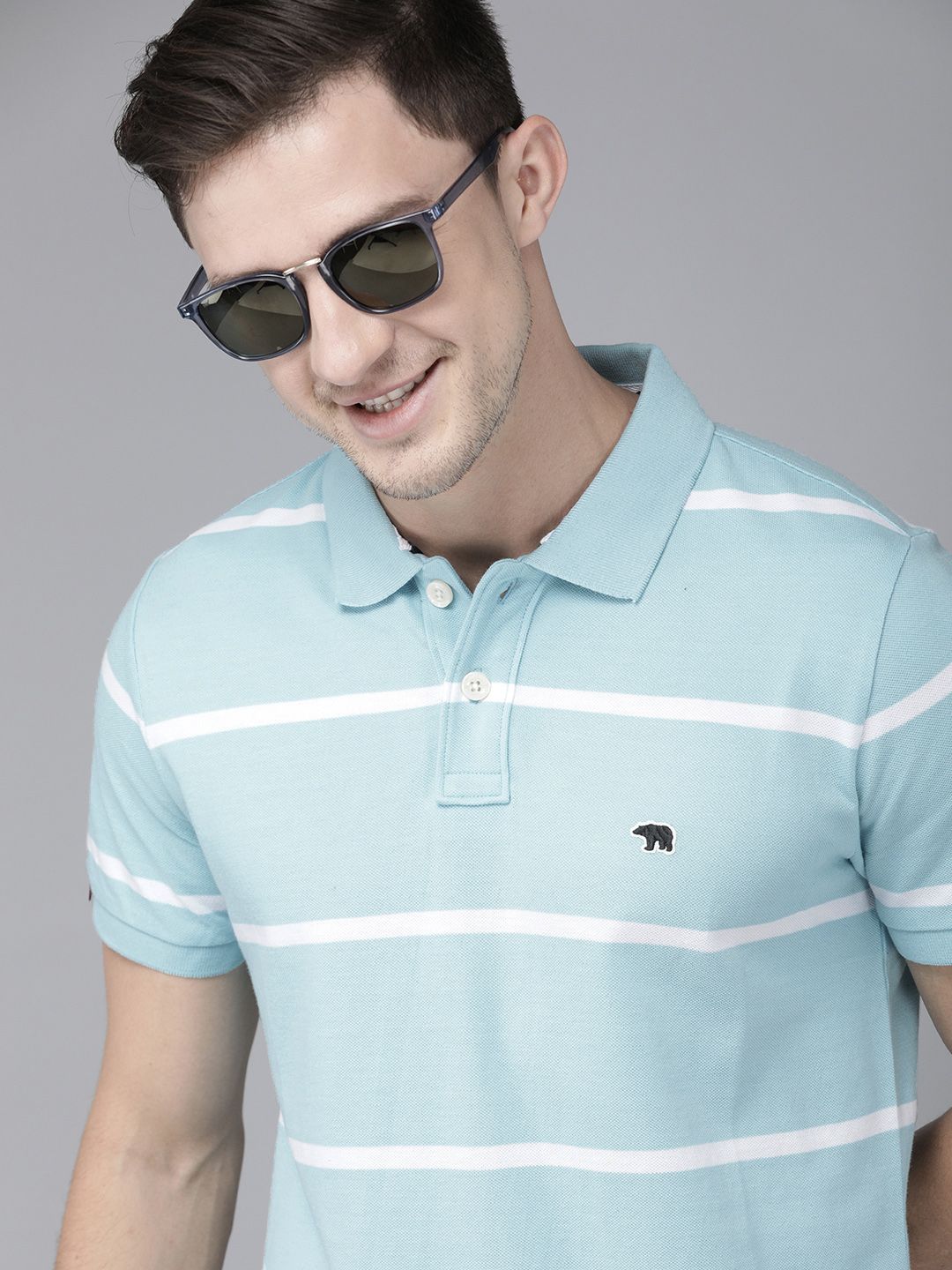 THE BEAR HOUSE Men Blue  White Striped Polo Collar Slim Fit Pure Cotton T-shirt
