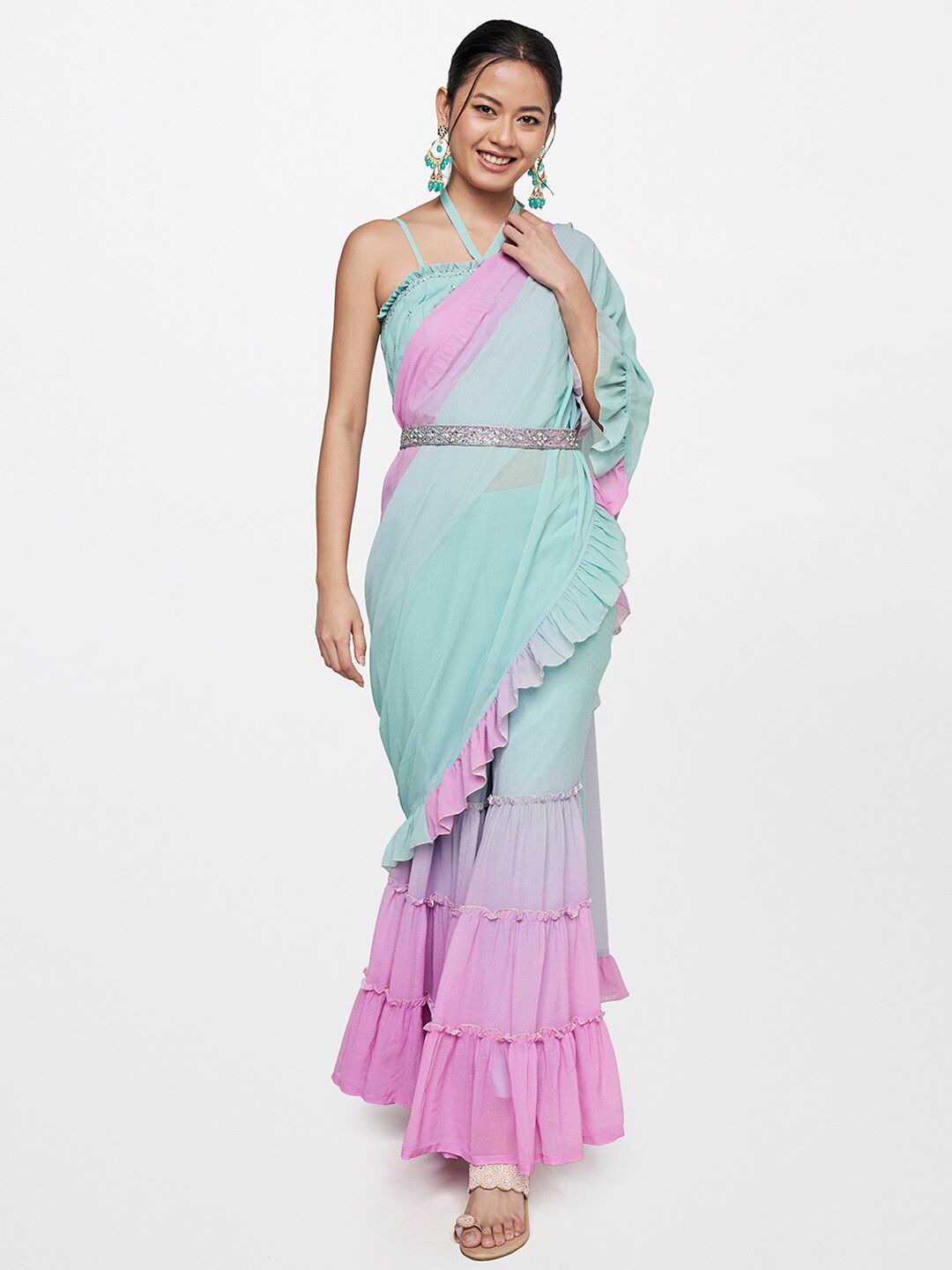 Global Desi Blue & Purple Palazzo Saree with Blouse