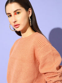 STREET 9 Women Peach-Coloured Cable Knit Crop Pullover