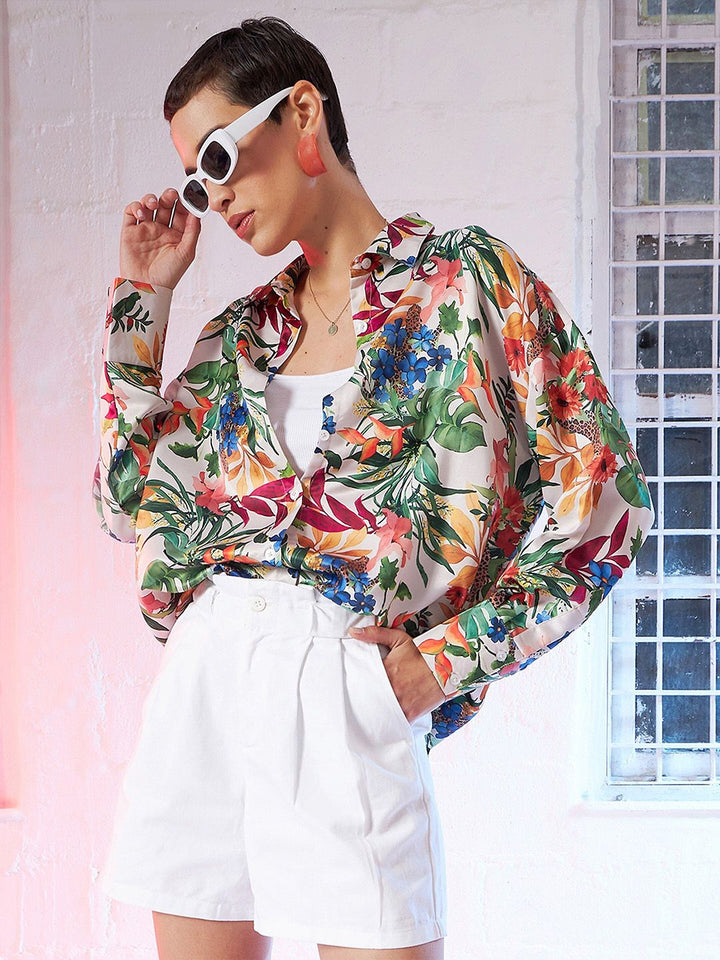 SASSAFRAS Beige Comfort Oversized Floral Printed Satin Casual Shirt
