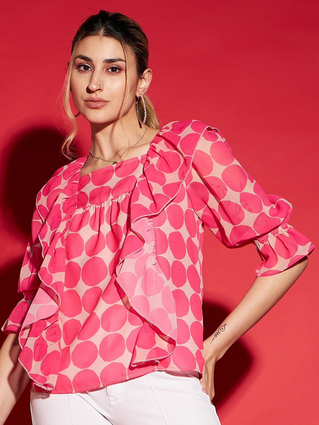 SASSAFRAS Pink Geometric Printed Ruffles Detailed Regular Top