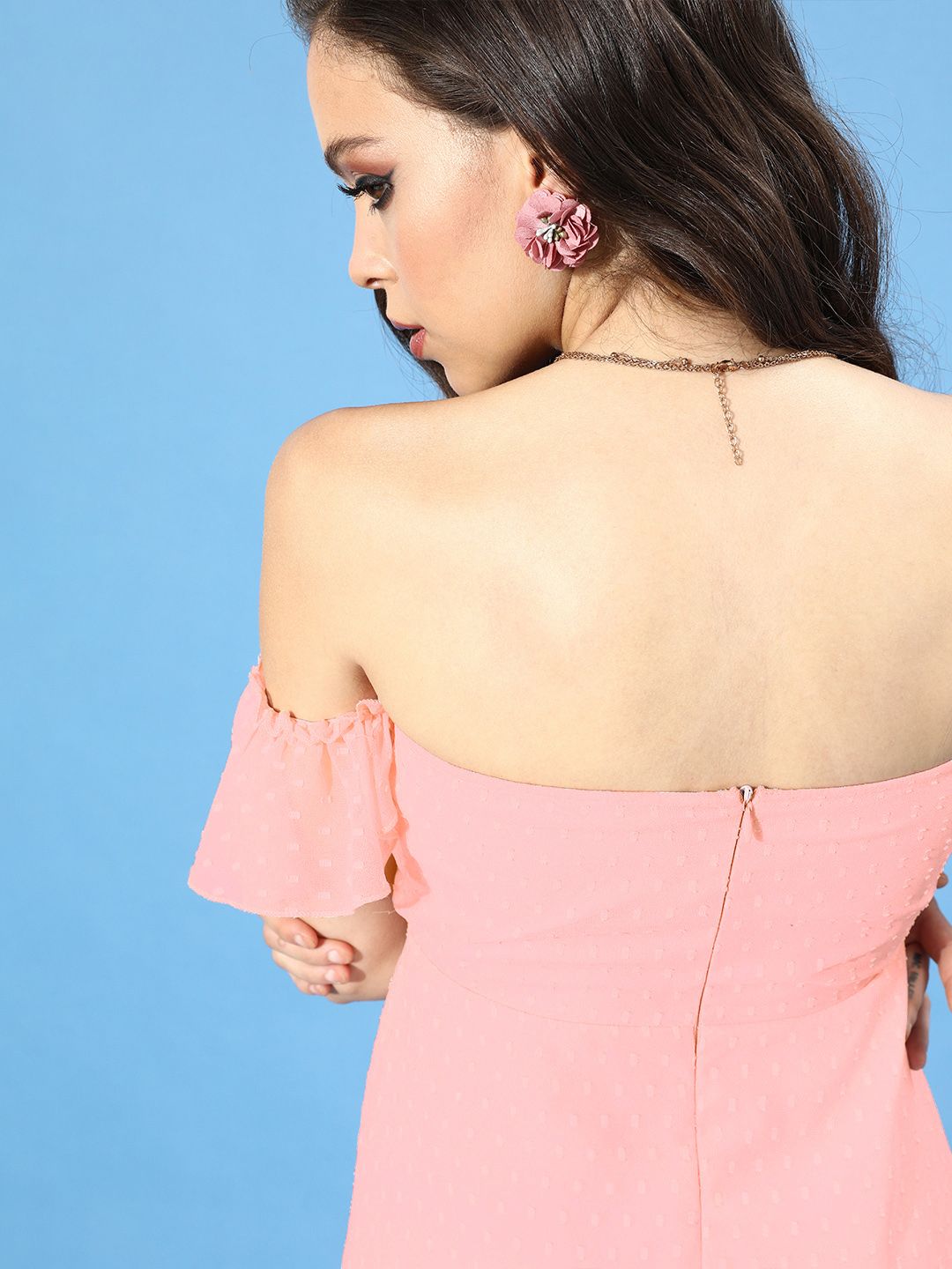 Berrylush Pink Off-Shoulder Georgette Mini Dress