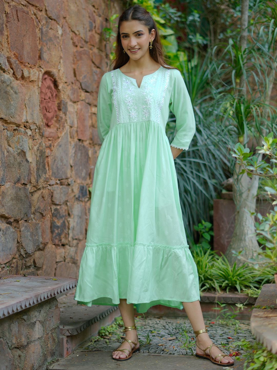 Libas Ethnic Motifs Embroidered Ruffled Fit & Flare Midi Dress