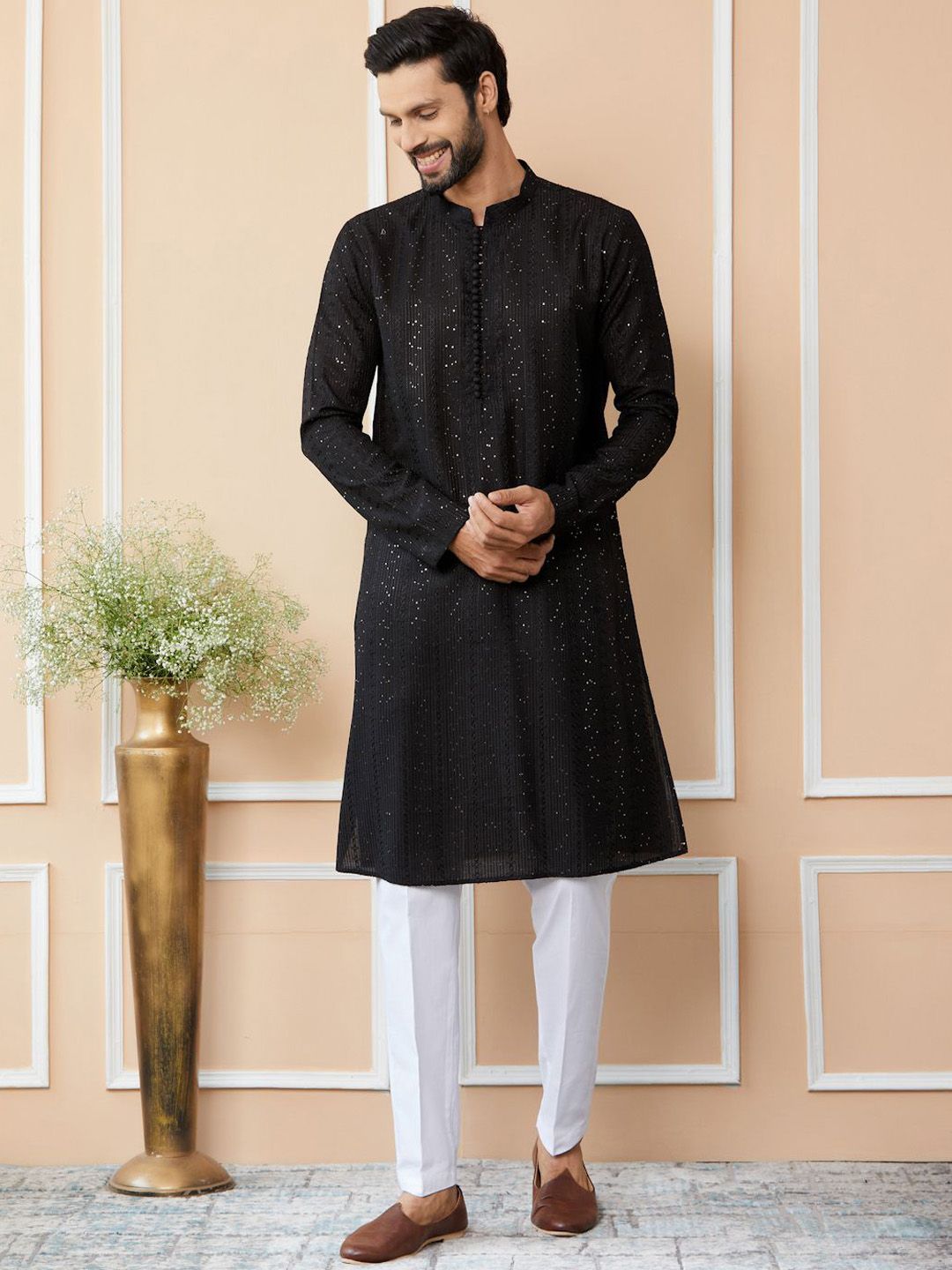 See Designs Embroidered Regular Sequinned Chanderi Silk Kurta with Pyjamas
