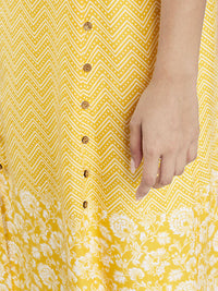 Global Desi Women Yellow & White Chevron & Floral Print  Sleeveless Kurta