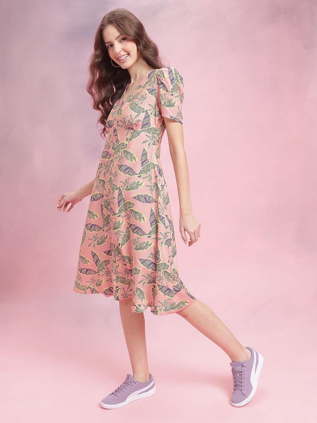 DressBerry Tropical Print Puff Sleeve Empire Midi Dress