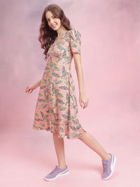 DressBerry Tropical Print Puff Sleeve Empire Midi Dress