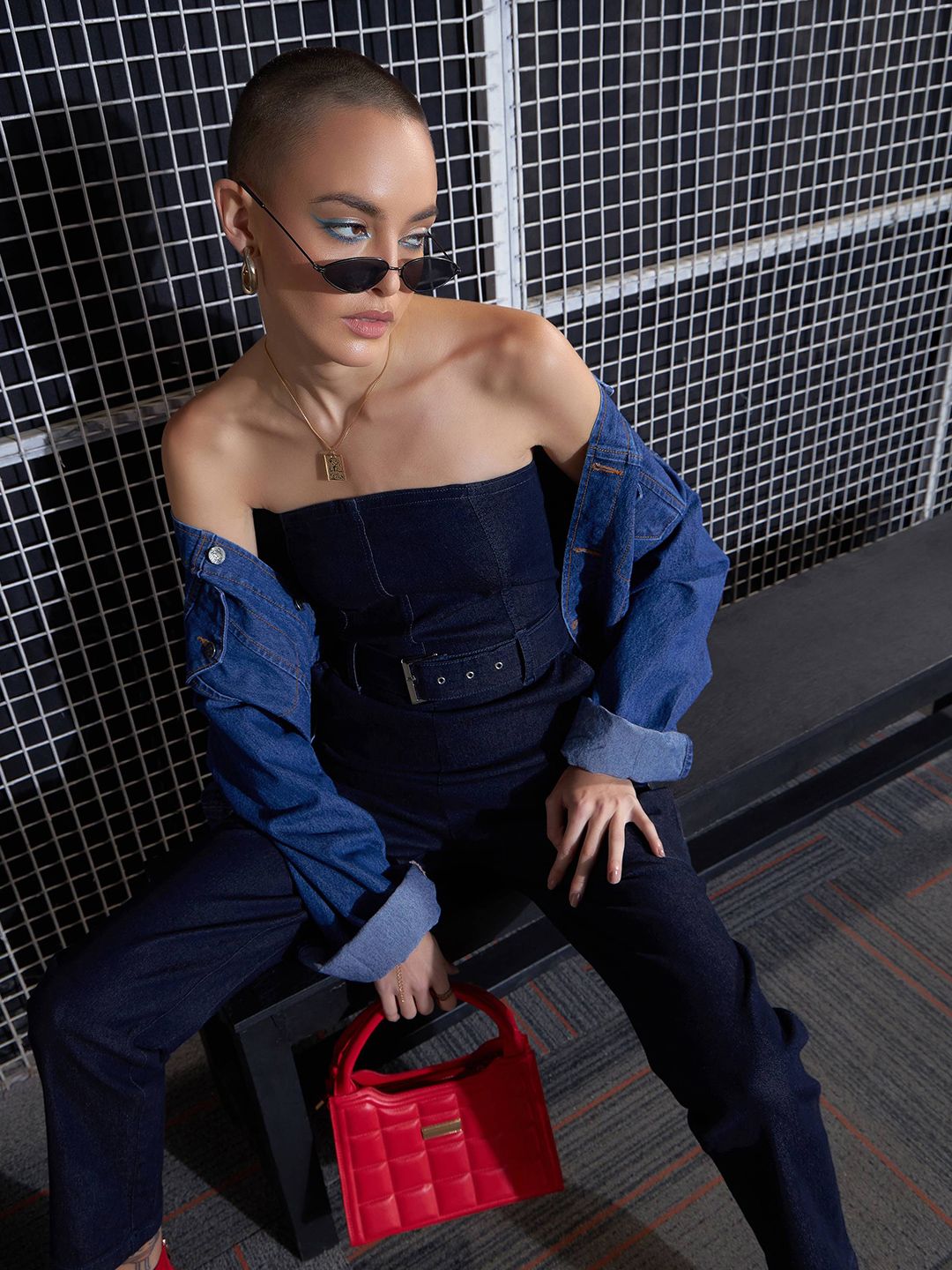 SASSAFRAS Navy Blue Strapless Basic Jumpsuit