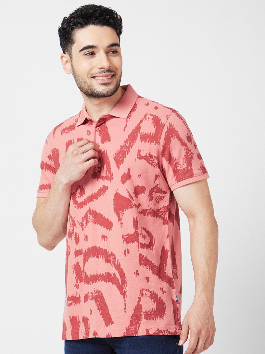SPYKAR Abstract Printed Polo Collar Slim Fit Cotton Casual T-Shirt