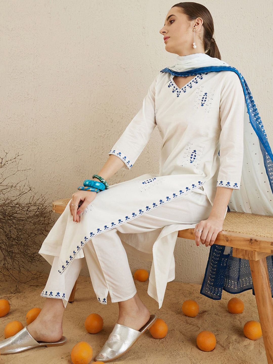 Indo Era Ethnic Motifs Embroidered Thread Work Pure Cotton Kurta with Trousers & Dupatta