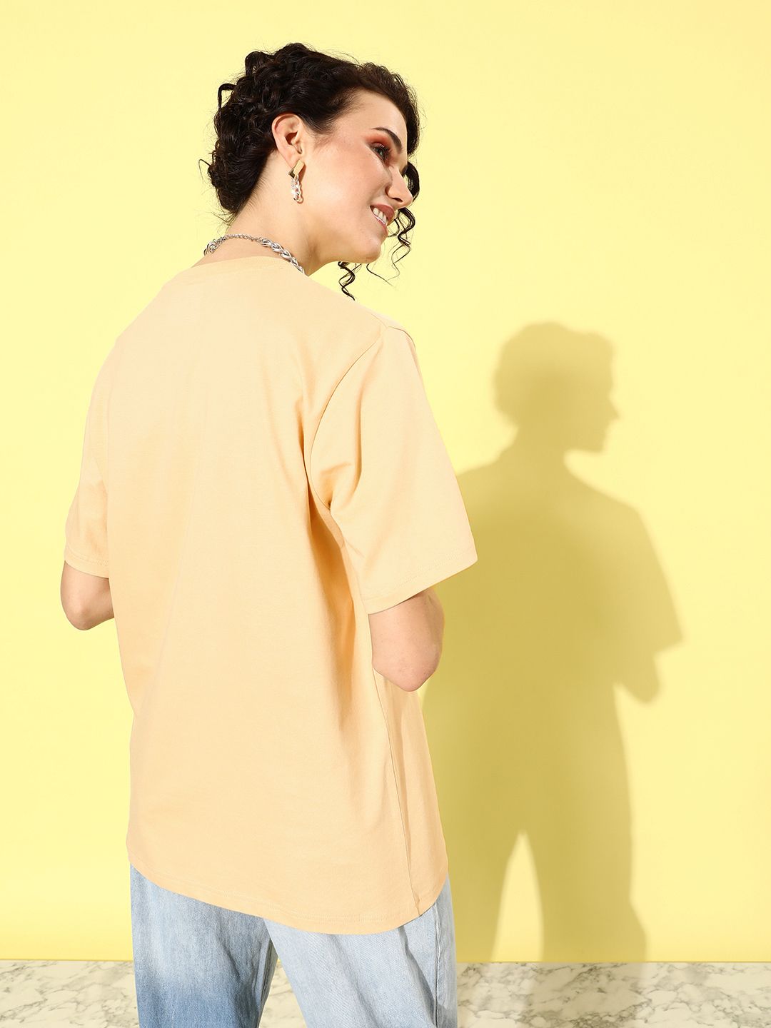 DILLINGER Beige & Black Printed Oversized Pure Cotton Longline T-shirt