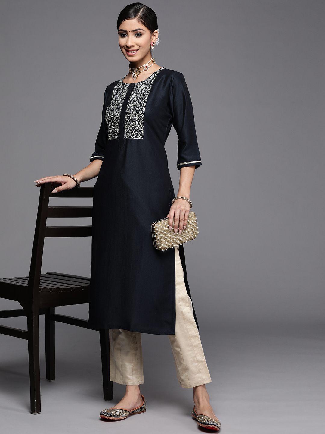 Libas Women Navy Blue Ethnic Motifs Yoke Design Kurta