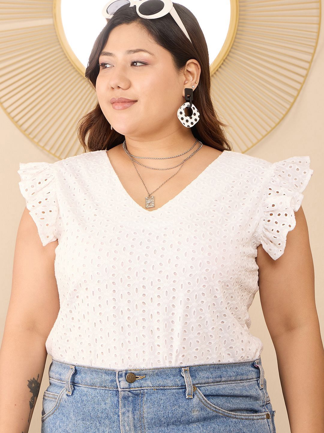 Berrylush Curve Flutter Sleeve Cotton Schiffli Plus Size Top