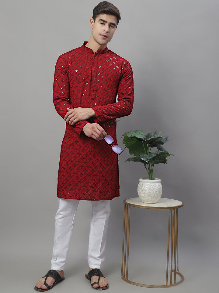 Jompers Mandarin Collar Ethnic Motifs Embroidered Chikankari Kurta