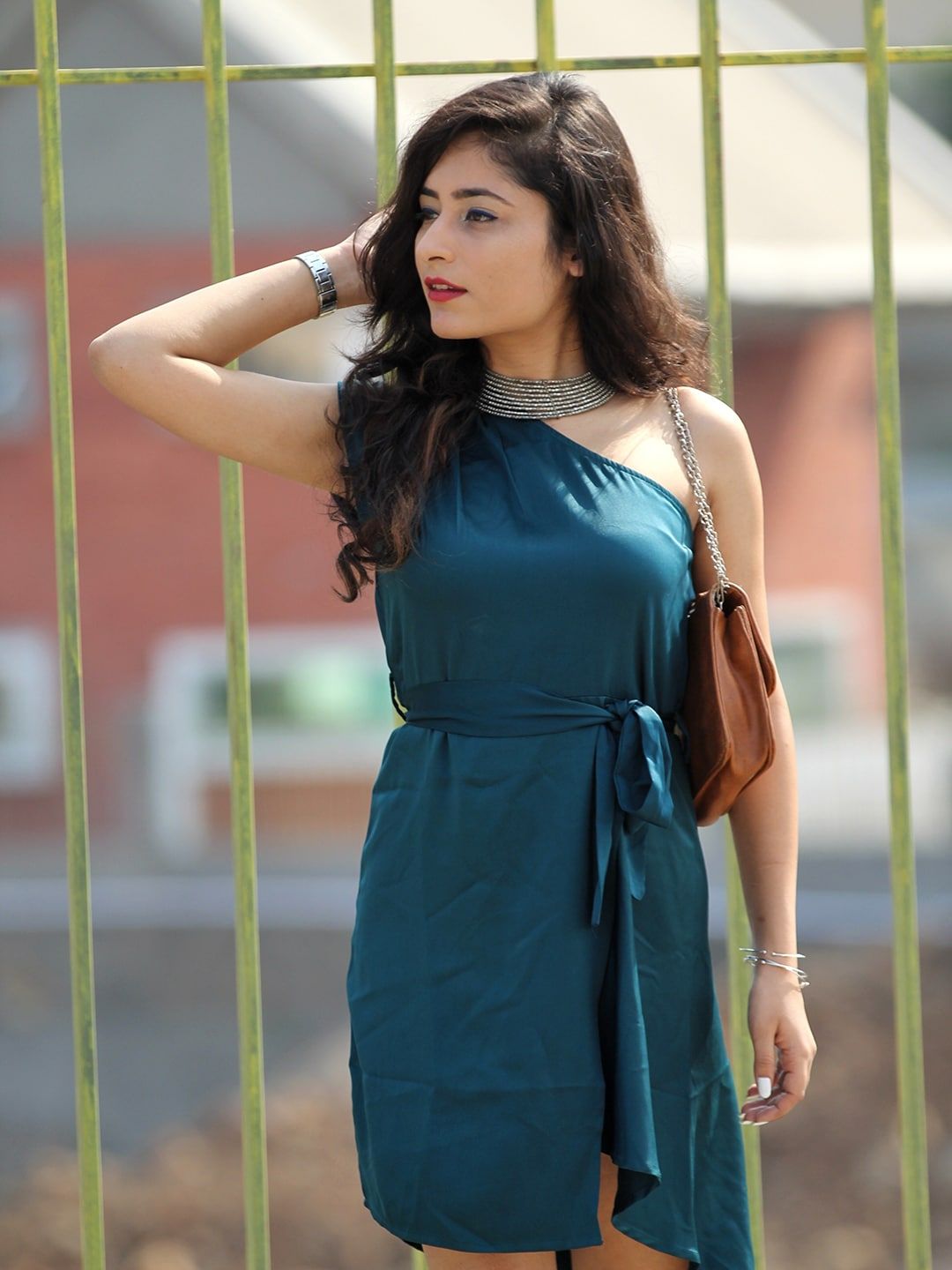 STREET 9 Green One Shoulder A-Line Dress