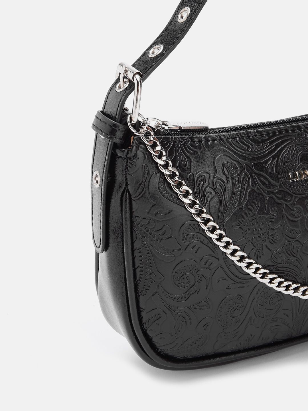 Lino Perros Floral Textured Structured Shoulder Bag with Chain Detail