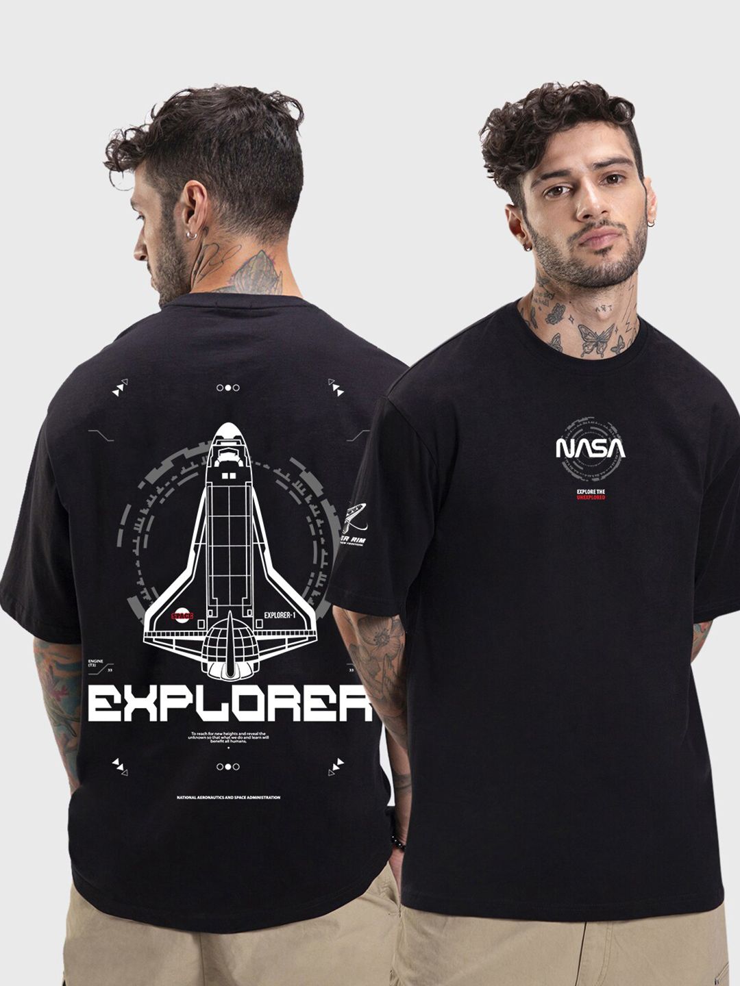 Bewakoof Black Graphic NASA Printed Cotton Oversized T-Shirt