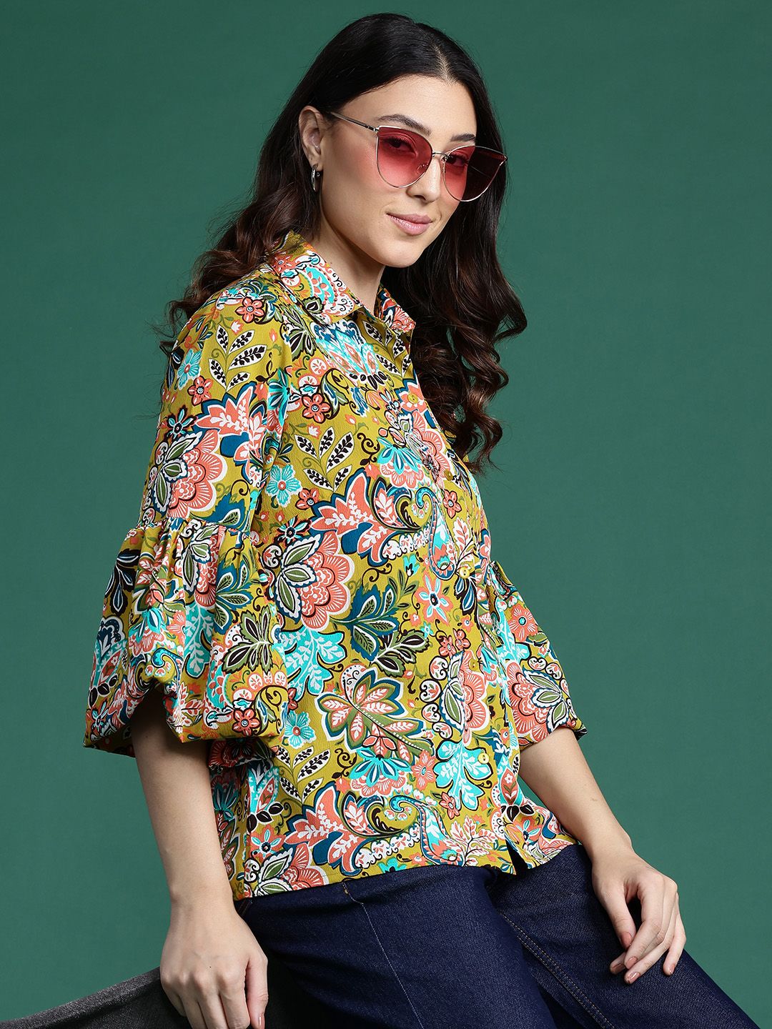 DressBerry Floral Opaque Printed Bell Sleeves Casual Shirt