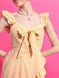 Tokyo Talkies Mustard Checked Cut-Out Smocked Bow  Fit & Flare Dress