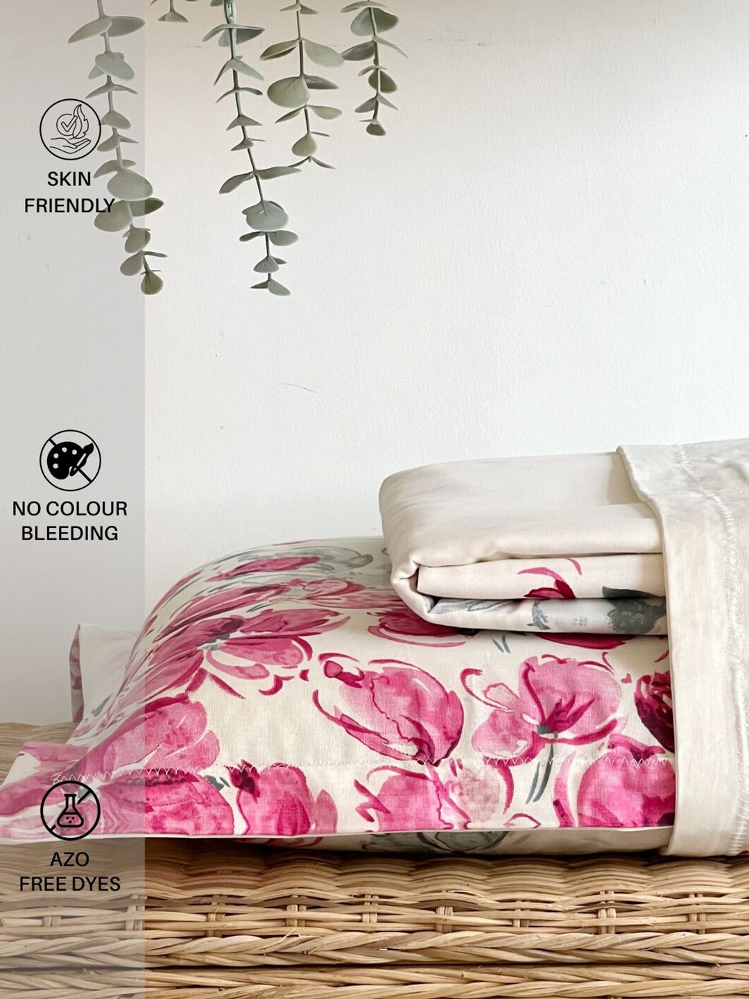 URBAN SPACE Serene Pink & Green Floral Cotton 200 TC Single Bedsheet with 1 Pillow Cover