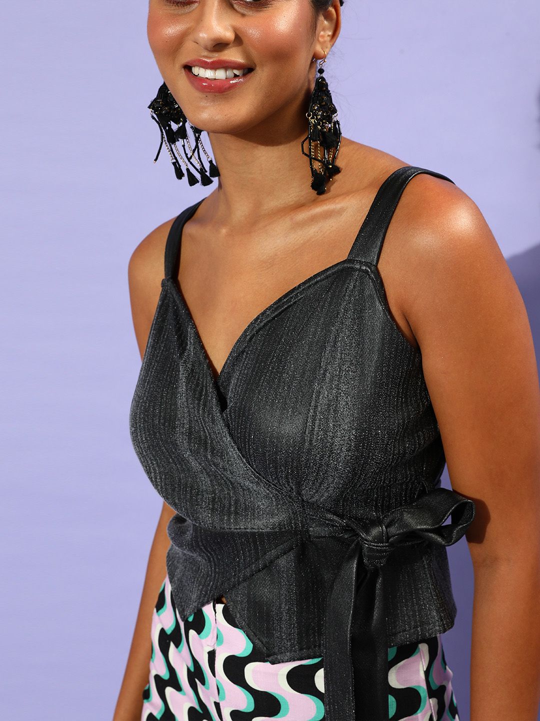 Athena Charcoal Grey Printed Wrap Top with Tie-Up