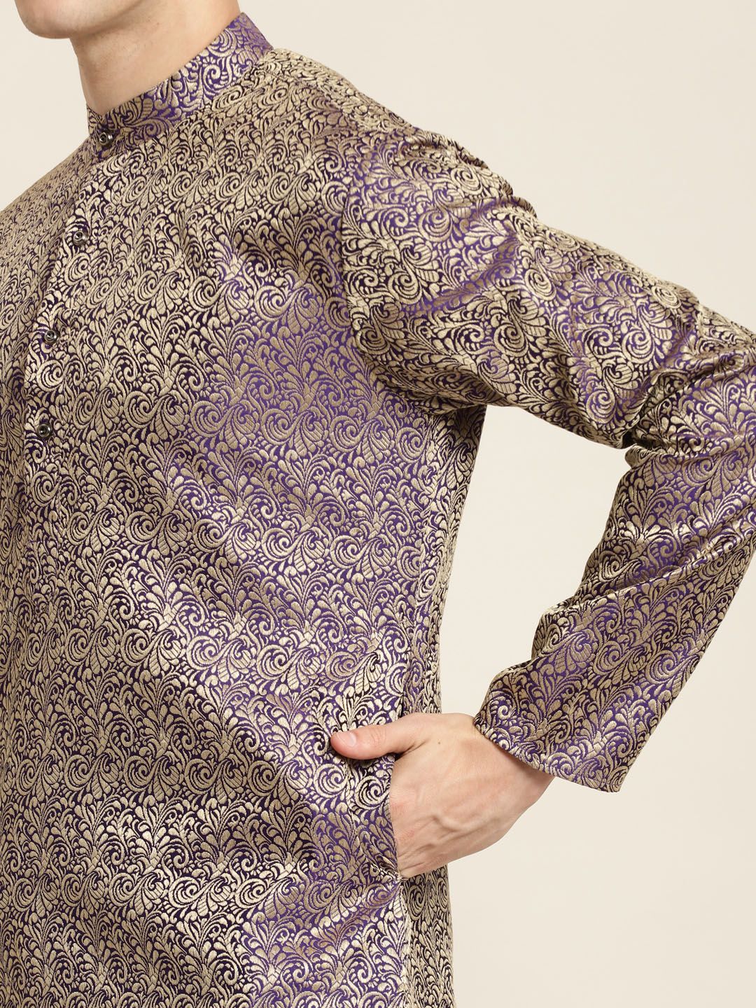 SOJANYA Kurta Motif Etnik Ungu & Emas Lelaki